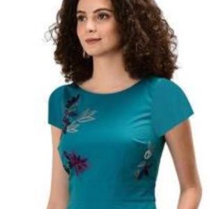 Floral Teal Embellished Stretch Poplin Dress